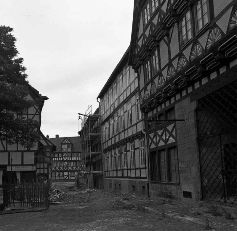 Half-timbered facade and building front Kulkstrasse - Hoher Weg in Halberstadt in the state Saxony-Anhalt on the territory of the former GDR, German Democratic Republic