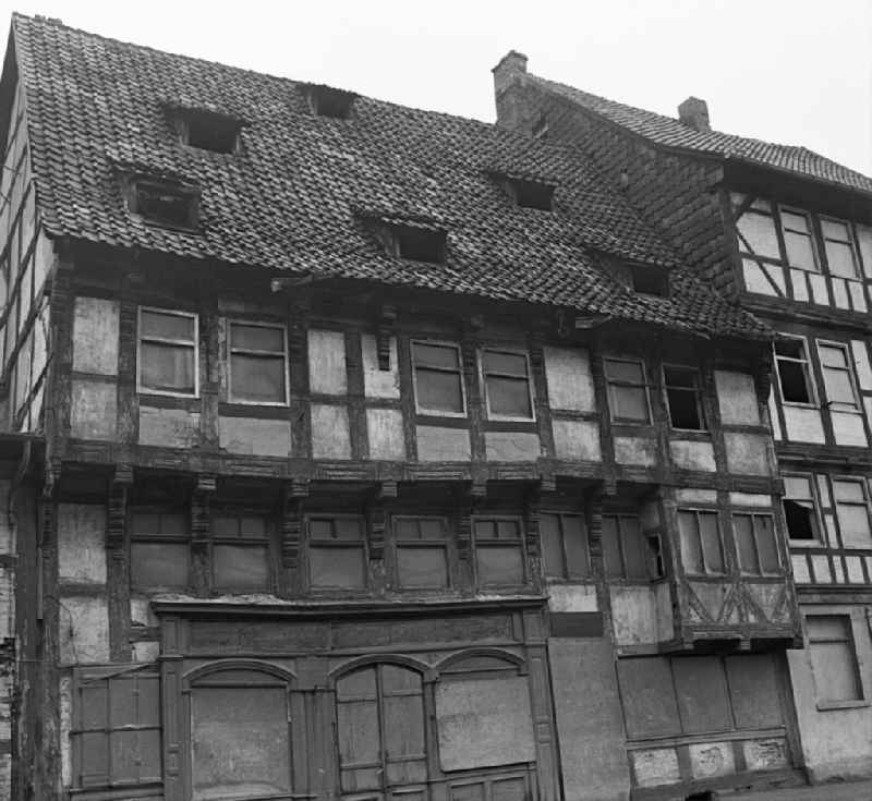 Half-timbered facade and building front on street Westendorf in Halberstadt in the state Saxony-Anhalt on the territory of the former GDR, German Democratic Republic