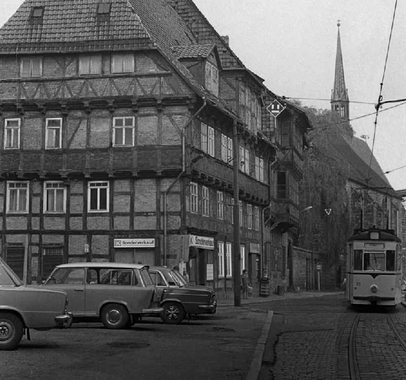 Half-timbered facade and building front on Dominikaner corner Groeperstrasse in Halberstadt in the state Saxony-Anhalt on the territory of the former GDR, German Democratic Republic
