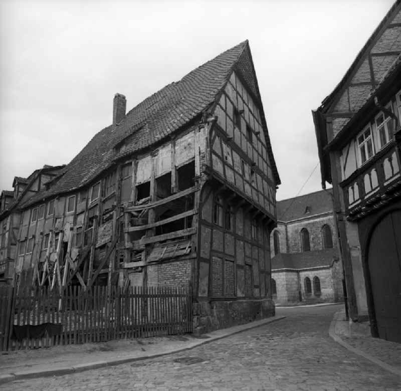 Half-timbered ruin at the corner of Kulkstrasse and Am Motitzplan in front of the Moritz Church in Halberstadt in the state Saxony-Anhalt on the territory of the former GDR, German Democratic Republic