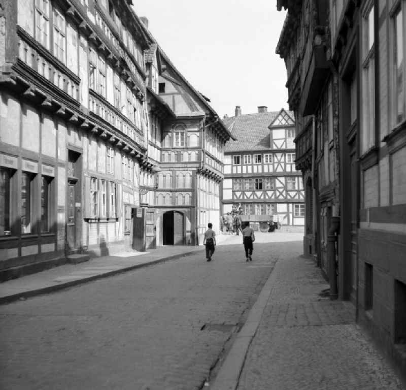 Half-timbered facade and building front Hoher Weg - Am Kulk in Halberstadt in the state Saxony-Anhalt on the territory of the former GDR, German Democratic Republic