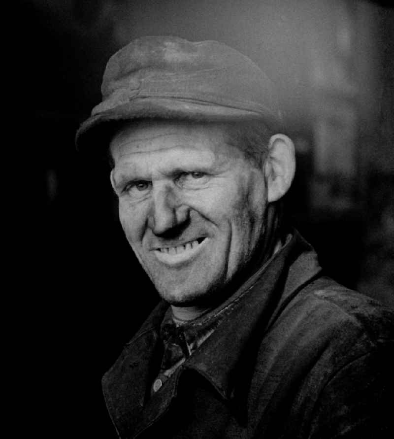 Portrait of a railwayman with striking facial features in Halberstadt in the state of Saxony-Anhalt on the territory of the former GDR, German Democratic Republic
