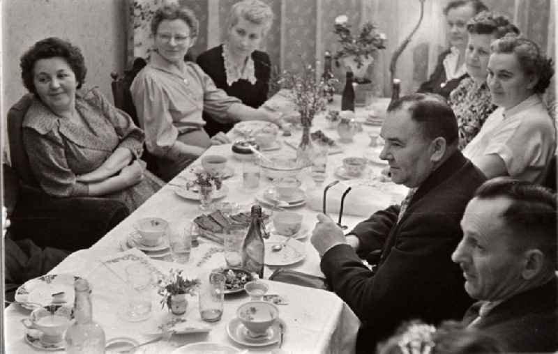 Members and friends on the occasion of a family celebration for the silver wedding in the Bergstrasse in Halberstadt in the state Saxony-Anhalt in the area of the former GDR, German Democratic Republic