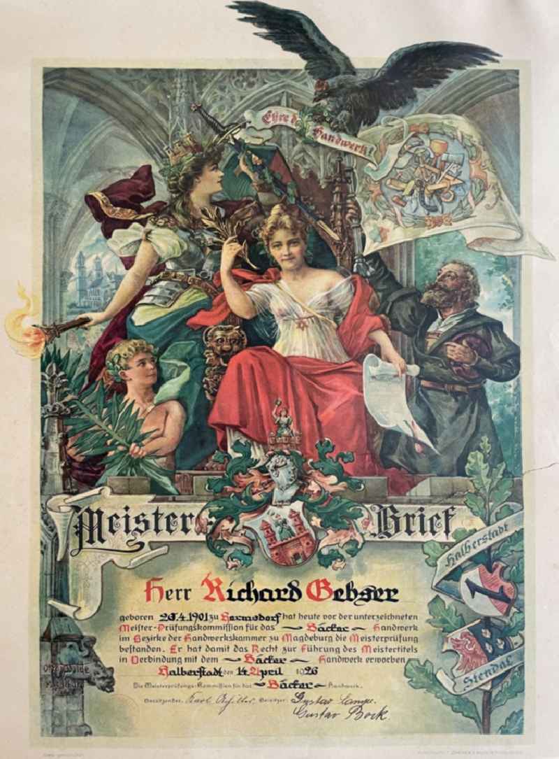Reproduction Baeckerhandwerks - Meisterbrief of Richard Gebser issued in Halberstadt in the state Saxony-Anhalt in Germany
