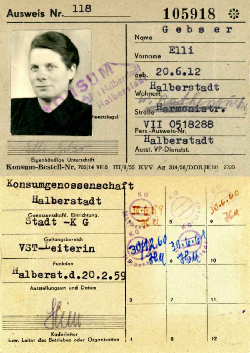Reproduction Membership card of the consumer cooperative issued in Halberstadt in the state Saxony-Anhalt on the territory of the former GDR, German Democratic Republic