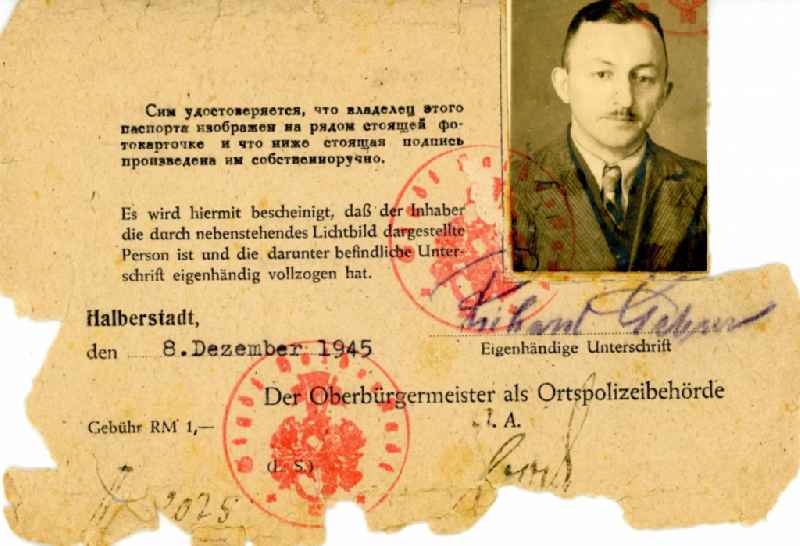 Reproduction Identification paper - proof of identity issued in Halberstadt in the state Saxony-Anhalt on the territory of the former russian - soviet occupation zone