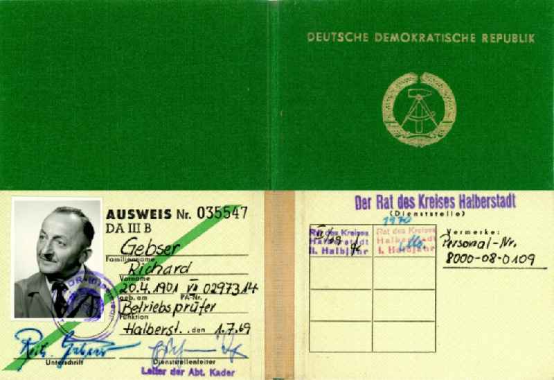 Reproduction Tax auditor - ID as a folding ID issued in Halberstadt in the state Saxony-Anhalt on the territory of the former GDR, German Democratic Republic