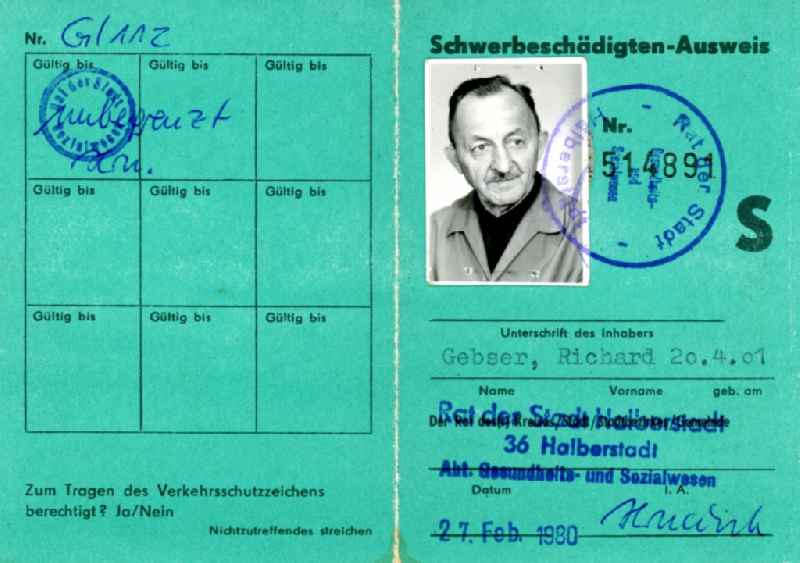 Reproduction Severely disabled ID card issued in Halberstadt in the state Saxony-Anhalt on the territory of the former GDR, German Democratic Republic