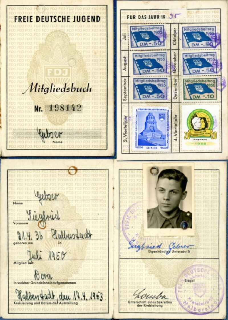 Reproduction Membership book - membership card of the FDJ Free German Youth issued in Halberstadt in the state Saxony-Anhalt on the territory of the former GDR, German Democratic Republic