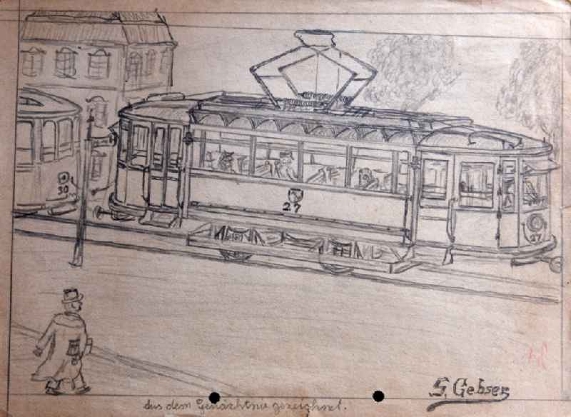 VG picture free work: pencil drawing ' Tram in motion ' by the artist Siegfried Gebser in Halberstadt in the state Saxony-Anhalt on the territory of the former GDR, German Democratic Republic