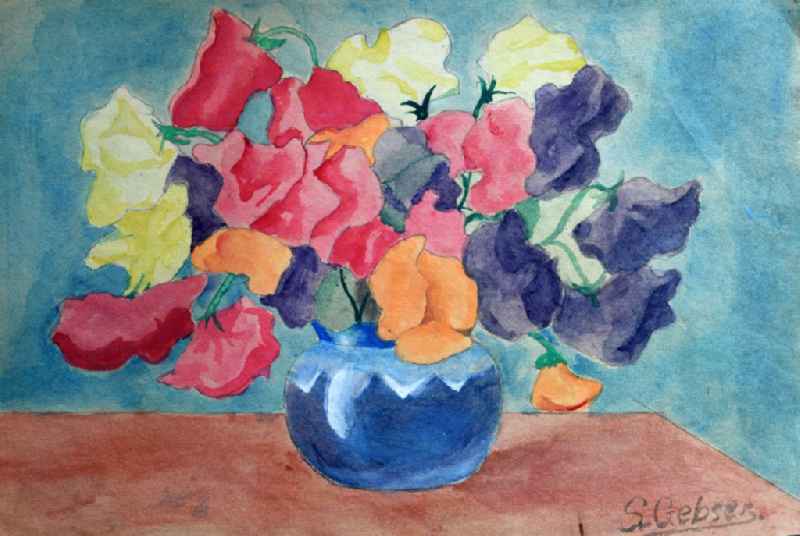 VG picture free work: Watercolor 'bouquet of flowers' by the artist Siegfried Gebser in Halberstadt in the state of Saxony-Anhalt in the area of the former GDR, German Democratic Republic