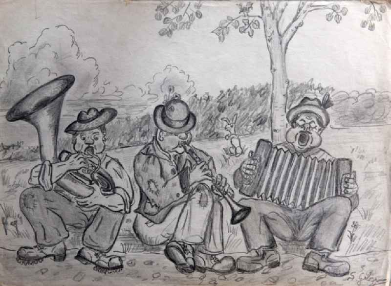 VG picture free work: pencil drawing ' street musicians ' by the artist Siegfried Gebser in Halberstadt in the state Saxony-Anhalt on the territory of the former GDR, German Democratic Republic