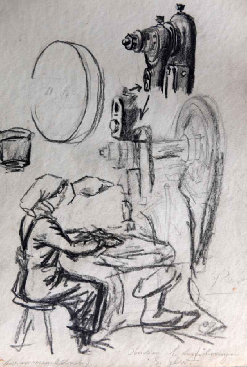 VG picture free work: pencil drawing ' seamstress ' by the artist Siegfried Gebser in Halberstadt in the state Saxony-Anhalt on the territory of the former GDR, German Democratic Republic