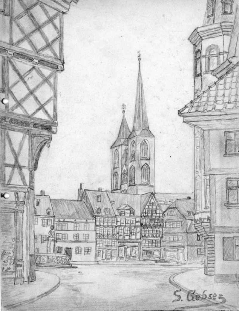 VG picture free work: pencil drawing Martinikirche am Martiniplan by the artist Siegfried Gebser in Halberstadt in the state Saxony-Anhalt on the territory of the former GDR, German Democratic Republic