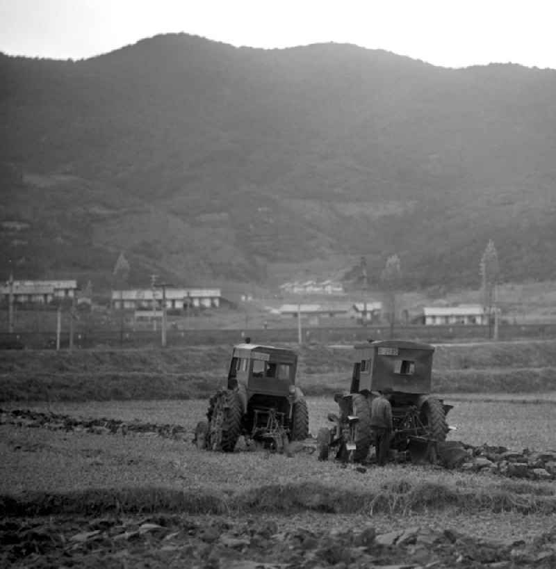 Traktoren fahren über ein Feld in der Landwirtschaftlichen Produktionsgenossenschaft (LPG) nahe der Hafenstadt Hamhung in der Koreanischen Demokratischen Volksrepublik KDVR - Nordkorea / Democratic People's Republic of Korea DPRK - North Korea.
