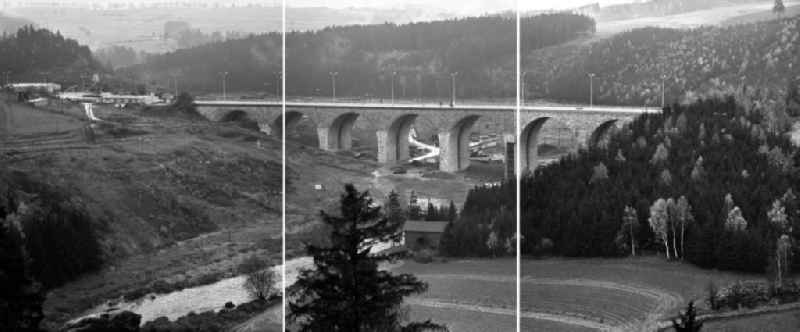 Dreiteilige Bildkombo mit Blick auf die Autobahnbrücke über die Saale zwischen Hirschberg (Thüringen) und Rudolphstein (Bayern). Die Brücke war am Ende des Zweiten Weltkrieges stark beschädigt, ein Bogen im April 1965 gesprengt worden. Die Instandsetzung erfolgte nach einem Vertrag zwischen der DDR und der BRD, die die Finanzierung des Baus übernahm. Im Hinterland der DDR wurden die Abfertigungsgebäude für die Grenzübergangsstelle (GÜST) Hirschberg errichtet, der Autobahn-Grenzübergang im Dezember 1966 eröffnet. Nach der Wiedervereingung erfolgte der Rückbau der Anlagen und die Erweiterung der Brücke durch den dreispurigen Ausbau der A9. Sie heißt heute auch 'Brücke der Deutschen Einheit'.