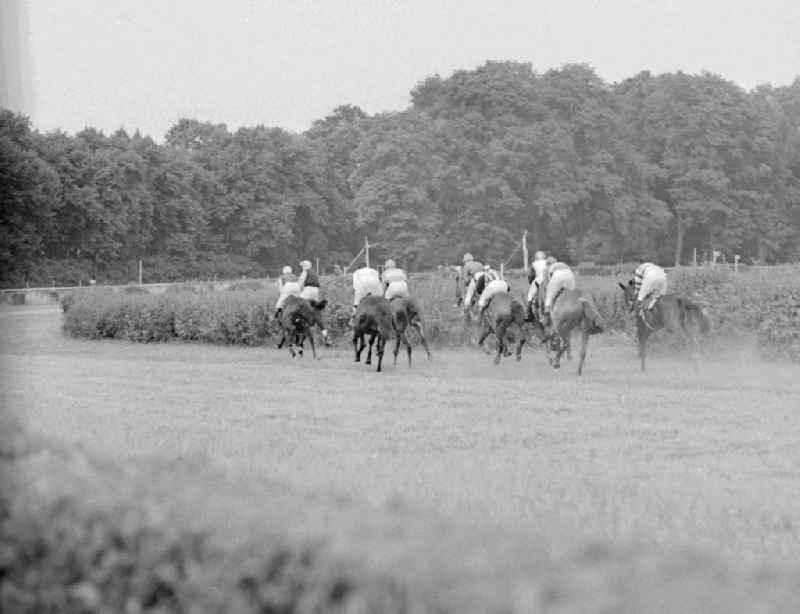Racehorses and jockeys at the horse race of the German Derby of the GDR, at the Hoppegarten racecourse, in Hoppegarten in the federal state Brandenburg on the territory of the former GDR, German Democratic Republic