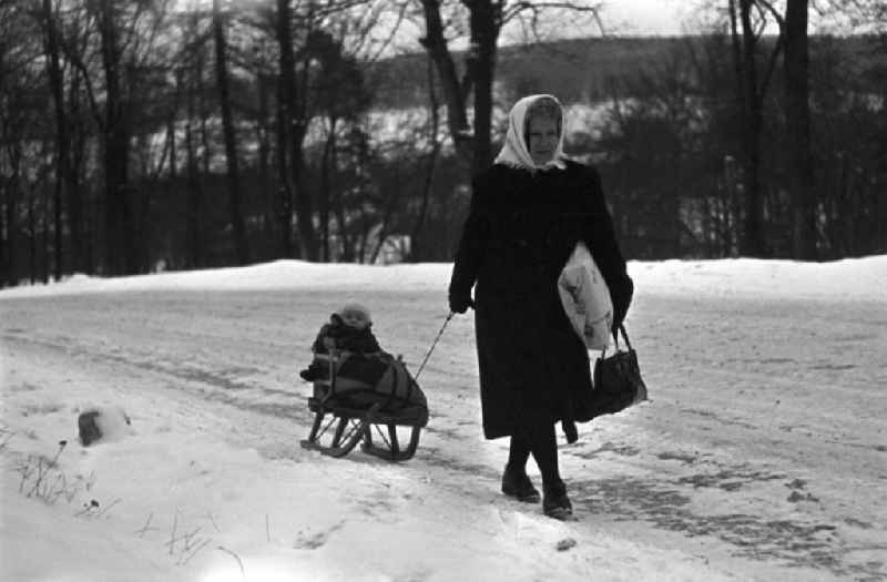 Eine ältere Frau zieht in Ilmenau ihr dick eingemummeltes Enkelkind auf dem Schlitten durch den Schnee.