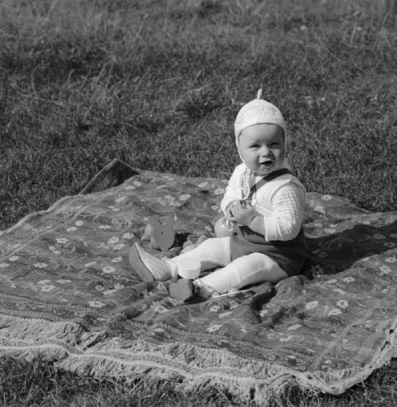 Toddler on a blanket on a meadow in Neuendorf on the island Hiddensee in today's State of Mecklenburg-Western Pomerania
