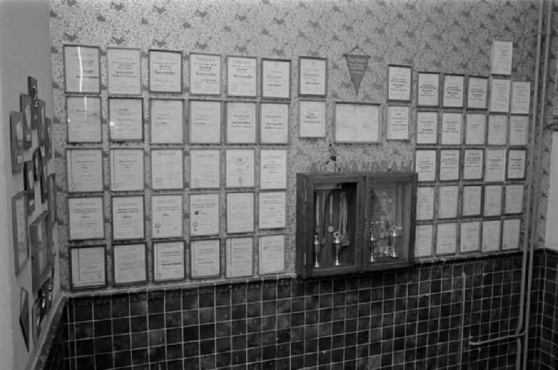Secondary School OS Dr. Richard Sorge at Laubuscher Markt in the Upper Lusatian workers settlement Gartenstadt Erika in Laubusch in the state of Saxony on the territory of the former GDR, German Democratic Republic. School successes - certificates, medals, trophies and awards hang on the wall in the hallway from the staircase