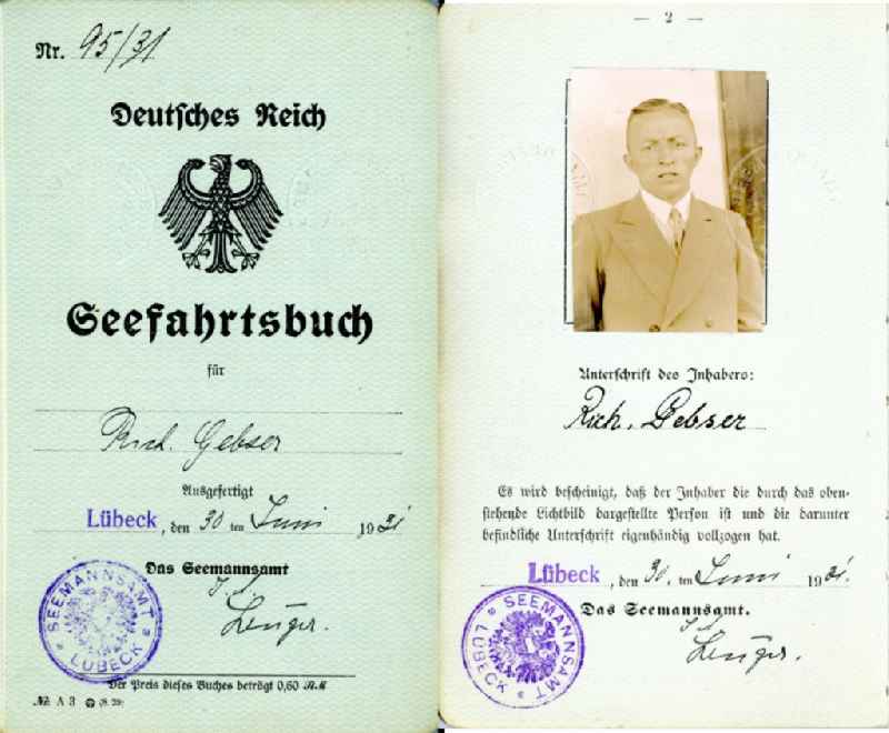 Reproduction Seefahrtsbuch fuer Richard Gebser issued in Luebeck in the state Schleswig-Holstein in Germany