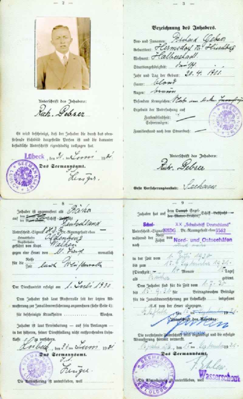 Reproduction Seefahrtsbuch fuer Richard Gebser issued in Luebeck in the state Schleswig-Holstein in Germany