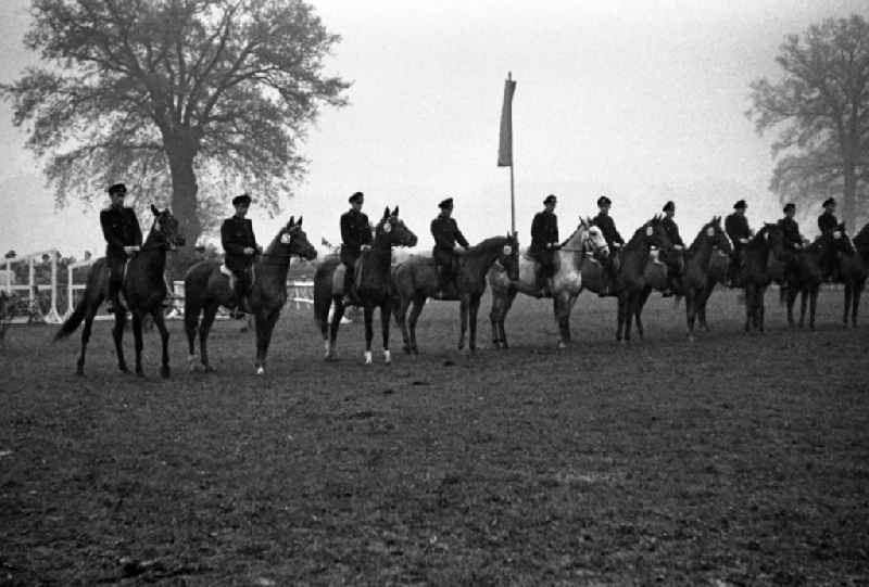 Dressage quadrille at a riding and driving competition at the Scheibenholz racecourse in Leipzig in the state Saxony on the territory of the former GDR, German Democratic Republic