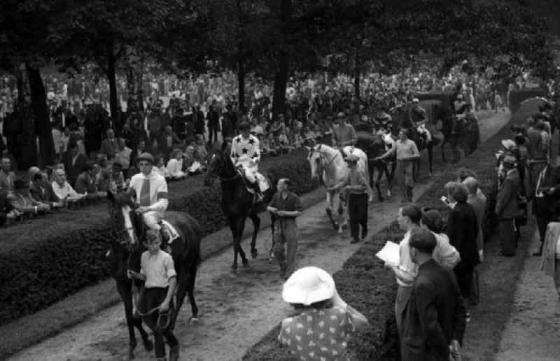 Horses and riders on the racecourse in the district Sued in Leipzig in the state Saxony on the territory of the former GDR, German Democratic Republic