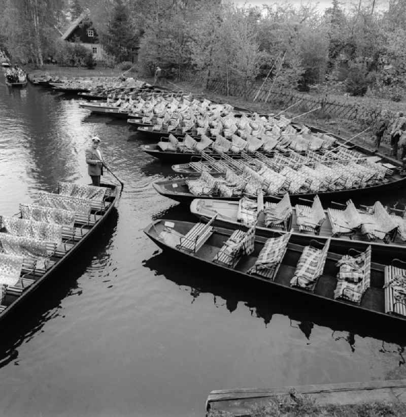 Harbour basin with barges in the Spreewald in Luebbenau/Spreewald in the federal state Brandenburg on the territory of the former GDR, German Democratic Republic