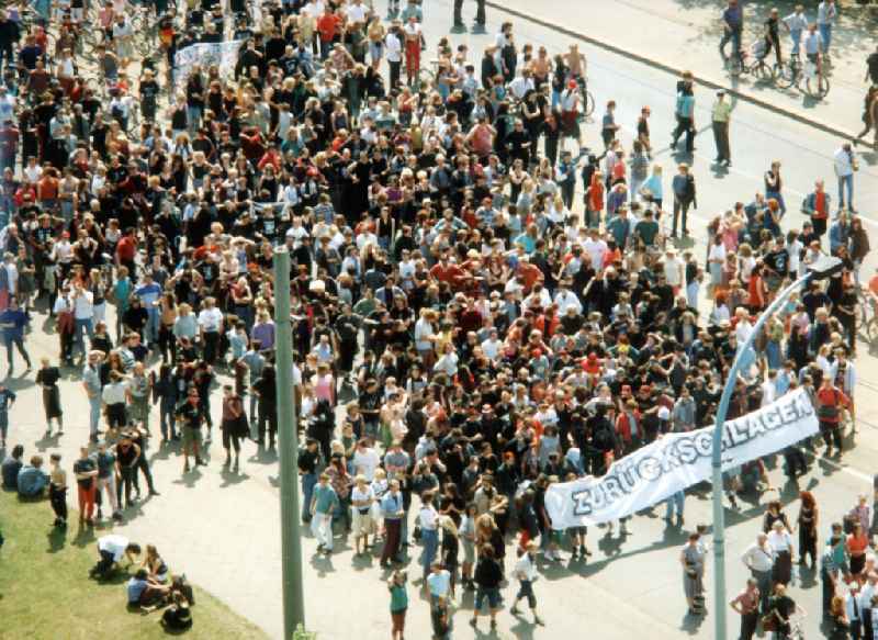 Demonstration and street protest action against the murder of Torsten Lamprecht by extremists in the district of Altstadt on street Schleinufer in Magdeburg in the state of Saxony-Anhalt in the area of ​​the former GDR, German Democratic Republic