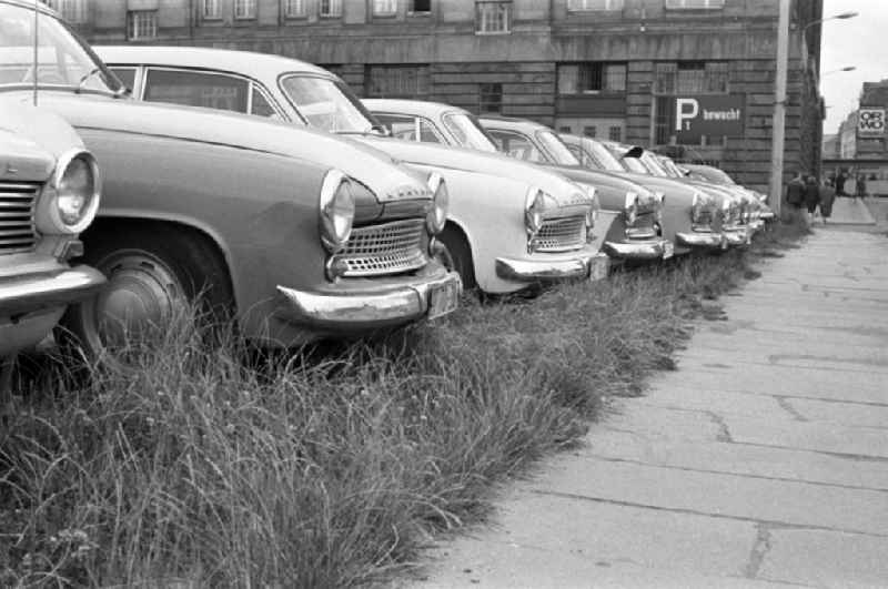 A secure parking in downtown Magdeburg with cars Wartburg 311 brand in Saxony - Anhalt