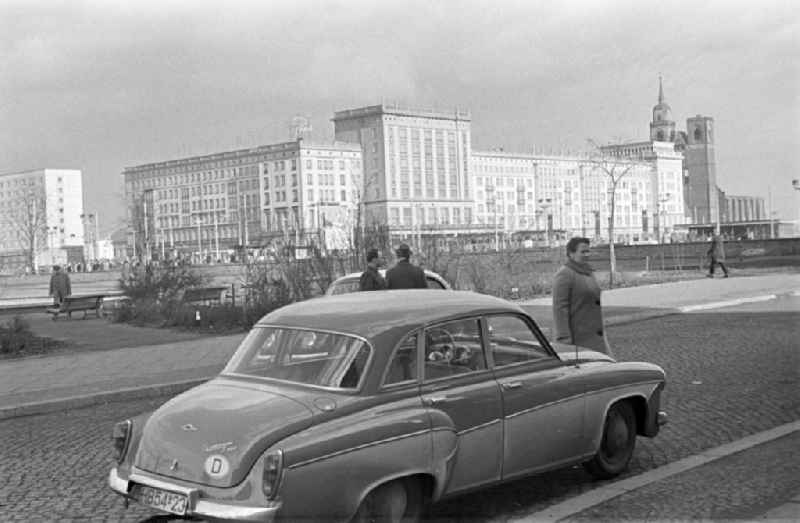 A Wartburg 311 parked on the street on the way widths in Magdeburg in Saxony - Anhalt. In the background, the St. Johannis Church is to see
