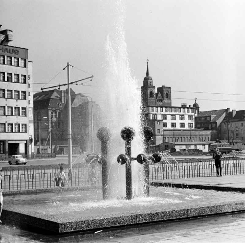 The ball fountains in Magdeburg in Saxony - Anhalt. The design of the 'ball fountain' on the back in Breiter Weg back street named to commemorate its forms in the tradition of Magdeburg heavy machinery and construction fittings