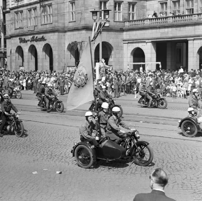 Motorcycle column of GST, Society for Sport and Technology, on the 1st of May demonstration in Magdeburg in Saxony Anhalt