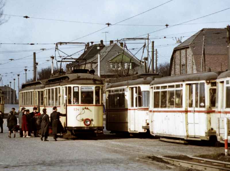 Tram at the tram stop in Leunaweg in Merseburg in the state of Saxony-Anhalt in the territory of the former GDR, German Democratic Republic