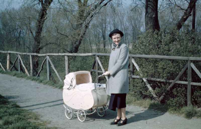 Spaziergang in Merseburg. Frau mit Kinderwagen im Park. Walk in Merseburg. Woman with a stroller in the park.
