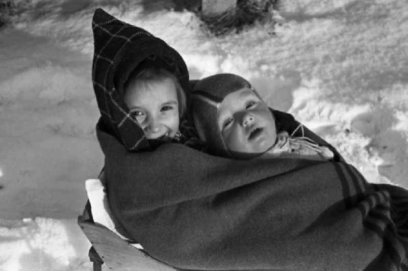 Two children lie, muffled in a thick cover, on a sledge in Merseburg in the federal state Saxony-Anhalt in Germany