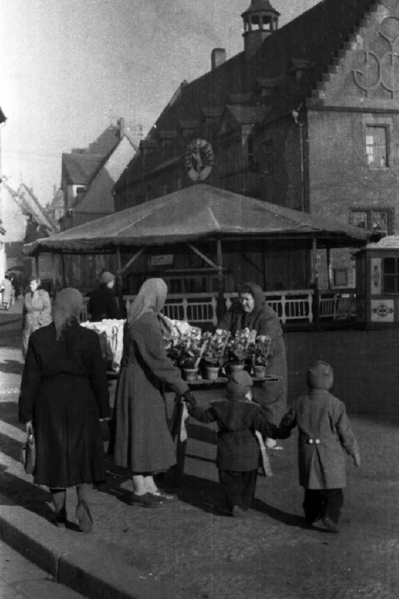 Market stall - stand on the marketplace in Merseburg in the federal state Saxony-Anhalt in Germany