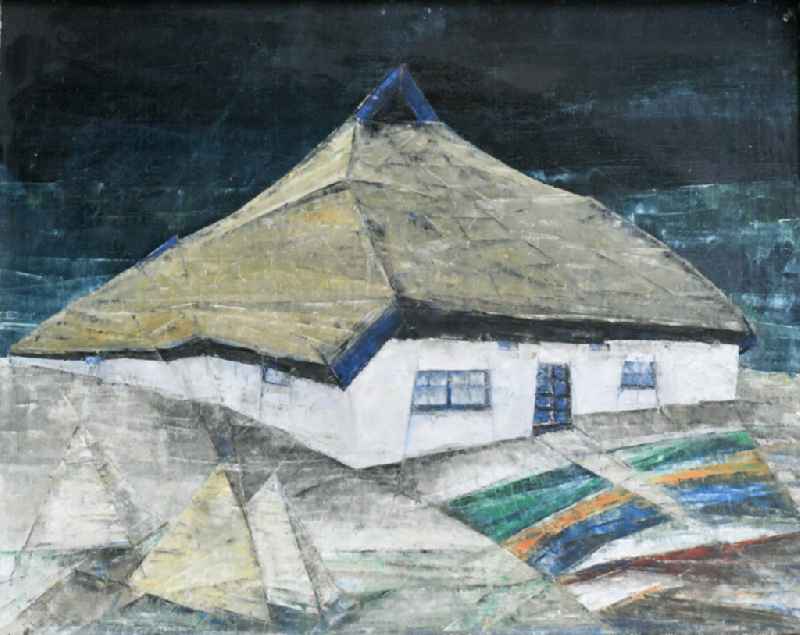 Oil on canvas 'Dorfschule Middelhagen' by the artist Hubertus Gollnow in Middelhagen in the state Mecklenburg-Western Pomerania on the territory of the former GDR, German Democratic Republic, building, house, museum, roof, thatched roof