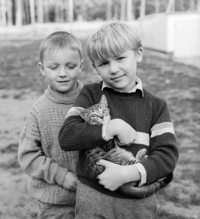 Two children with a cat in her arms in Mittenwalde in Brandenburg on the territory of the former GDR, German Democratic Republic