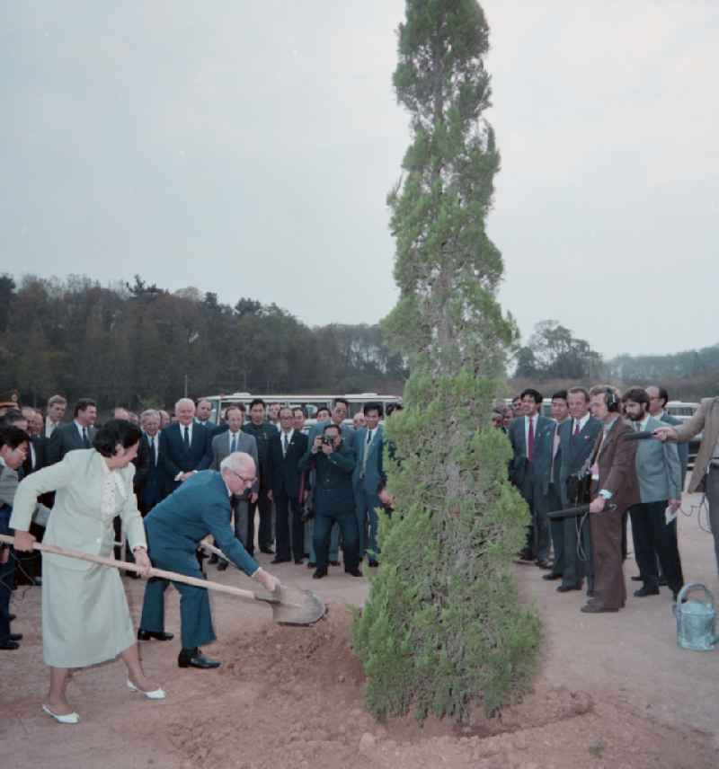 The General Secretary of the SED and Chairman of the State Council of the GDR Erich Honecker plants and waters a tree with a watering can in the Memorial Park of the Revolutionary Martyrs of the Chinese People's Revolution in the Yuhuatai district of Nanjing in China