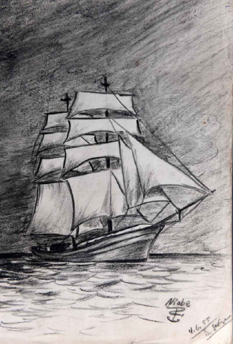 VG picture free work: pencil drawing ' Segelschulschiff Niobe ' by the artist Siegfried Gebser in Norderney in the state Lower Saxony