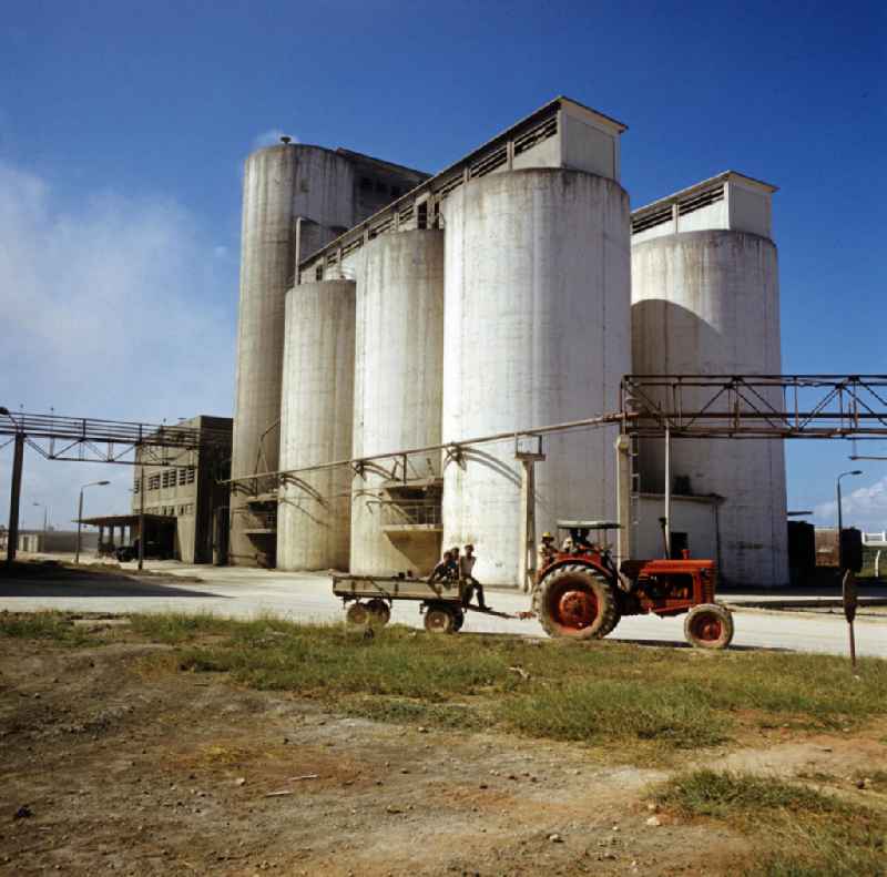 Arbeiter vor den Silos der Zementfabrik in Nuevitas. In den 60er und 7