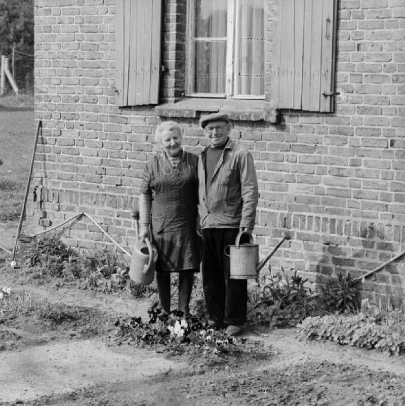Mature couple with watering can in her garden in Pasewalk in today's State of Mecklenburg-Western Pomerania