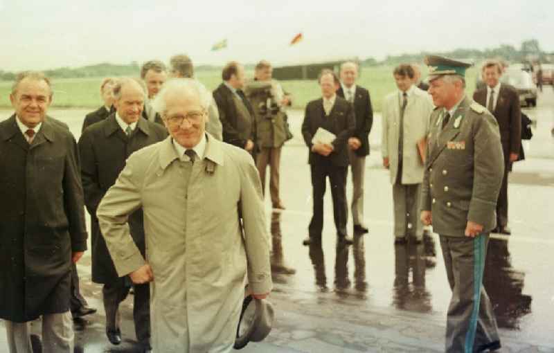 Erich Honecker welcomes Prime Minister Olof Palme during a state visit at the airport in Peenemuende in the state of Mecklenburg-Western Pomerania in the area of the former GDR, German Democratic Republic