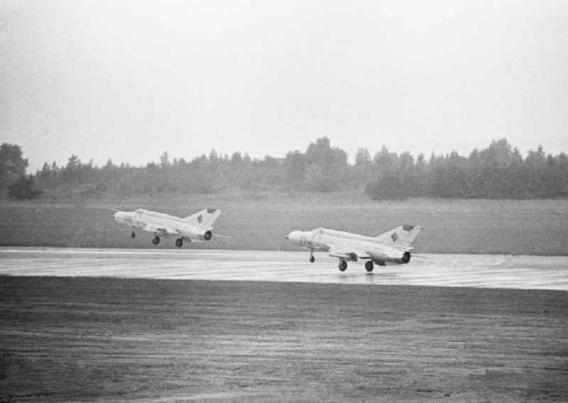 Two MiG-21 fighter squadron of 9 at the start in Peenemuende in Mecklenburg-Western Pomerania in the field of the former GDR, German Democratic Republic
