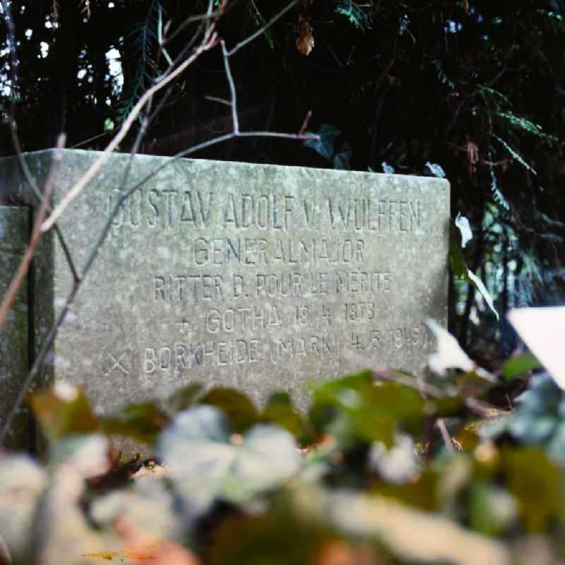 Inscription of a military-historical tombstone commemorating Generalmajor Gustav Adolf von Wulffen in the cemetery in the district Bornstedt in Potsdam in the state Brandenburg on the territory of the former GDR, German Democratic Republic