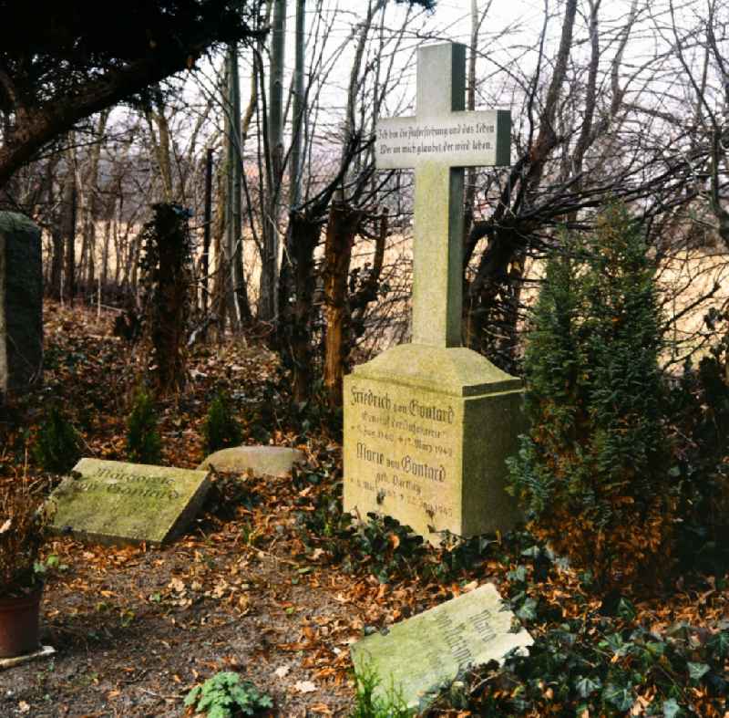 Inscription of a military-historical tombstone commemorating General der Infanterie Friedrich von Gontard in the cemetery in the district Bornstedt in Potsdam in the state Brandenburg on the territory of the former GDR, German Democratic Republic