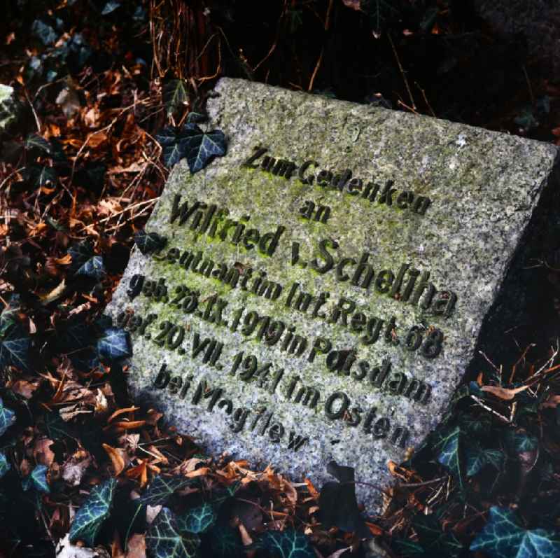 Inscription of a military-historical tombstone Leutnant Wilfried von Scheliha in the cemetery in the district Bornstedt in Potsdam in the state Brandenburg on the territory of the former GDR, German Democratic Republic