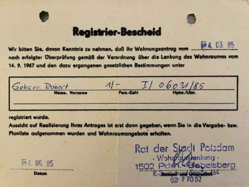Reproduction Registration notification for an apartment application issued in Potsdam in the state Brandenburg on the territory of the former GDR, German Democratic Republic